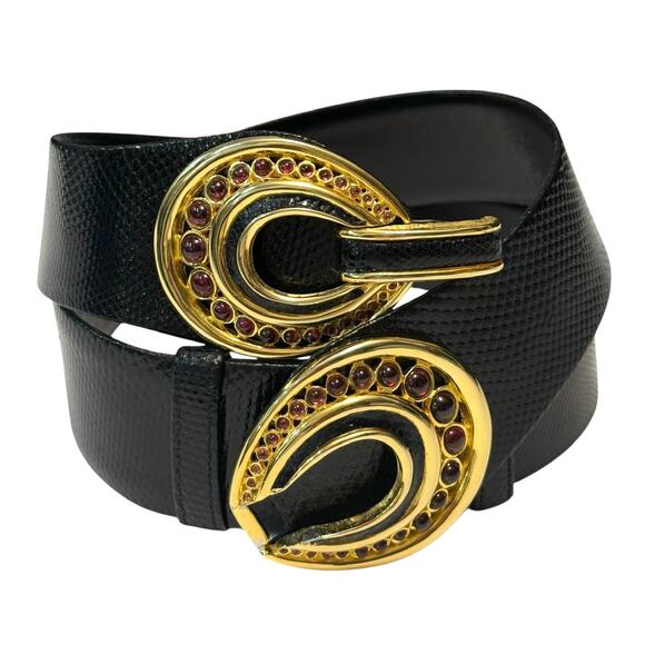 Judith Leiber Vintage Adjustable Belt w/ Interlocking Buckle - Black Leather main image 11